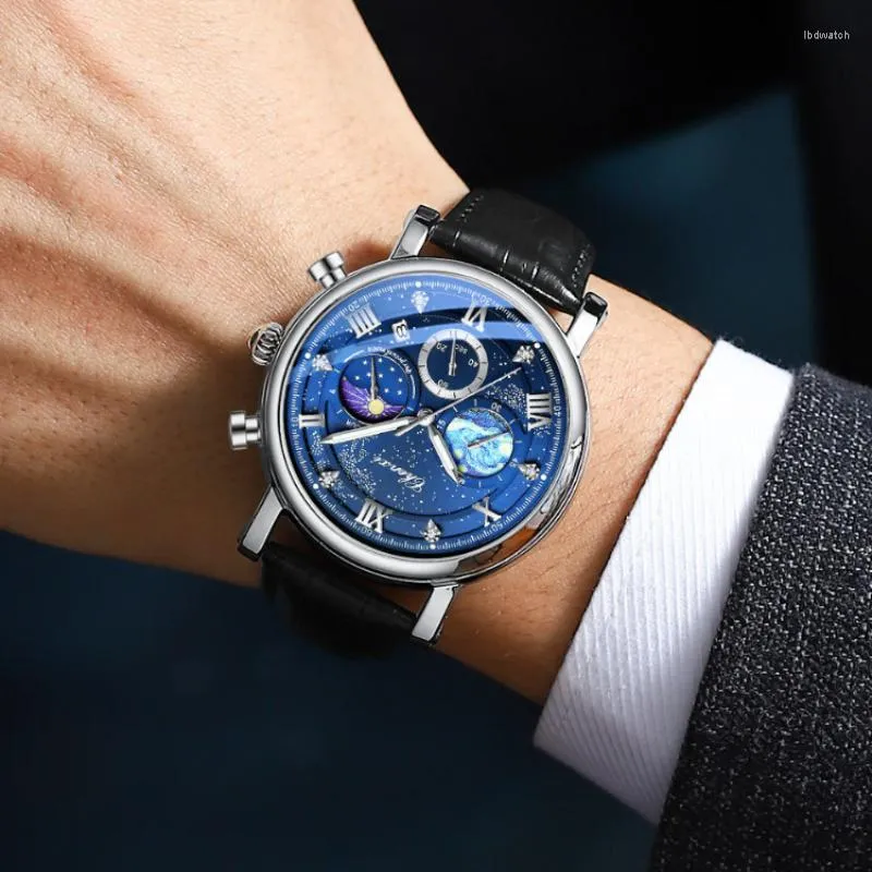 ساعة معصم الأزياء متعددة الوظائف مضيئة ستة يدي النجوم Sun Moon Dial Watch Watch Menchronograph مرحلة التقويم الكاملة