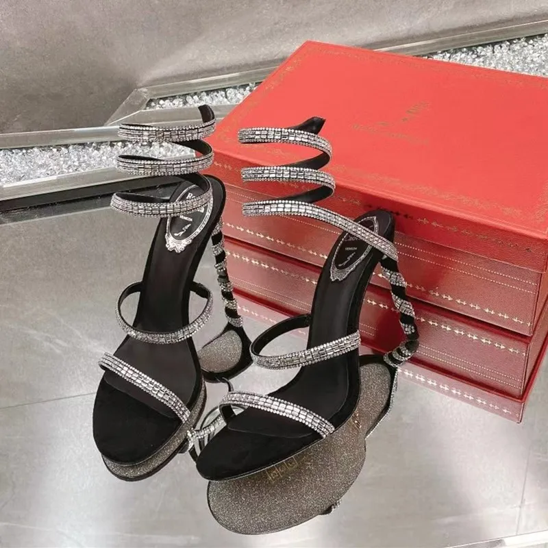 Thenew Sandals 하이힐 드레스 신발 샌들 럭셔리 디자이너 크리스탈 발목 스트랩 와인딩 10mm 여성을위한 세련된 스틸레토 힐 35-43