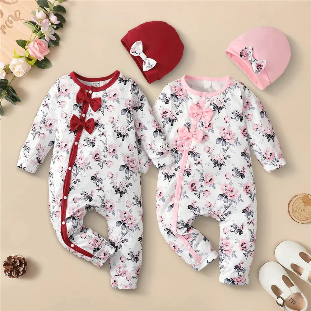 Rompers 0 18 månader född baby flicka romper kläder långärmad blomma bodysuit kostym härlig vår jumpsuit outfit med hatt 231124