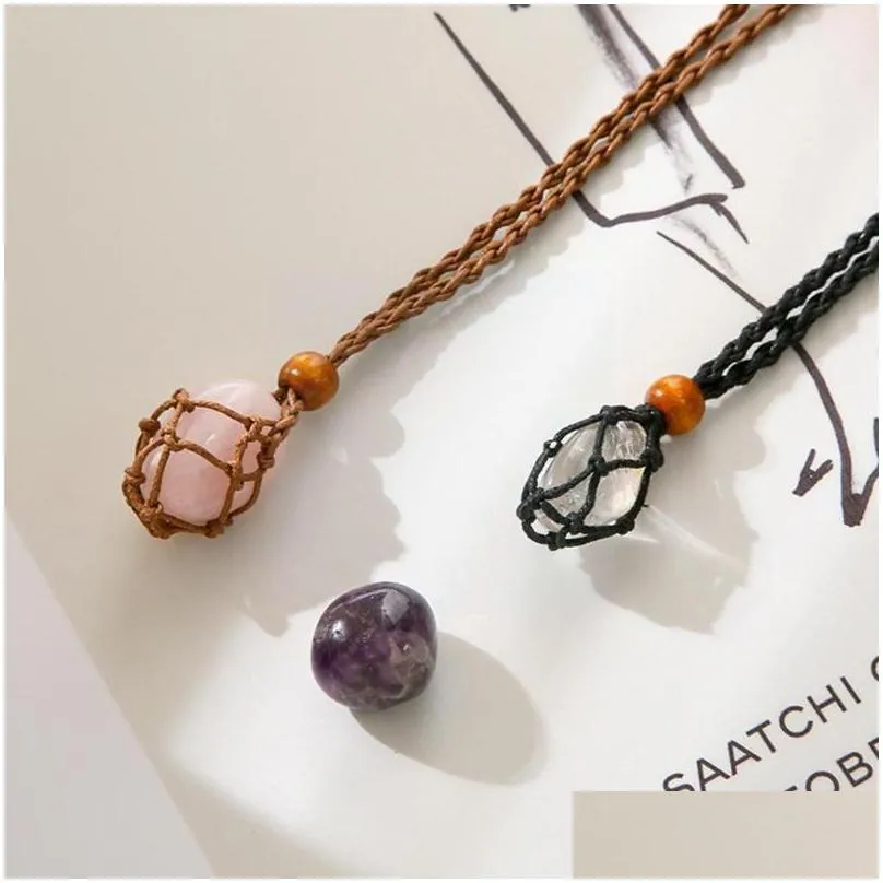 Chains Chains Crystals Pendant Stone Holder Necklace Cord Hand-Woven Rope For Making Jewelry Creative Personality Natural Agate Net F3 Dhm7F