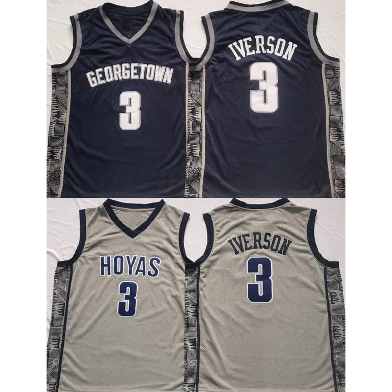 Homens 3 Allen Iverson Custom Georgetown Hoyas College Jerseys Blue Grey Personalizar Basquete Universitário Vestem Jersey de Tamanho para Adultos