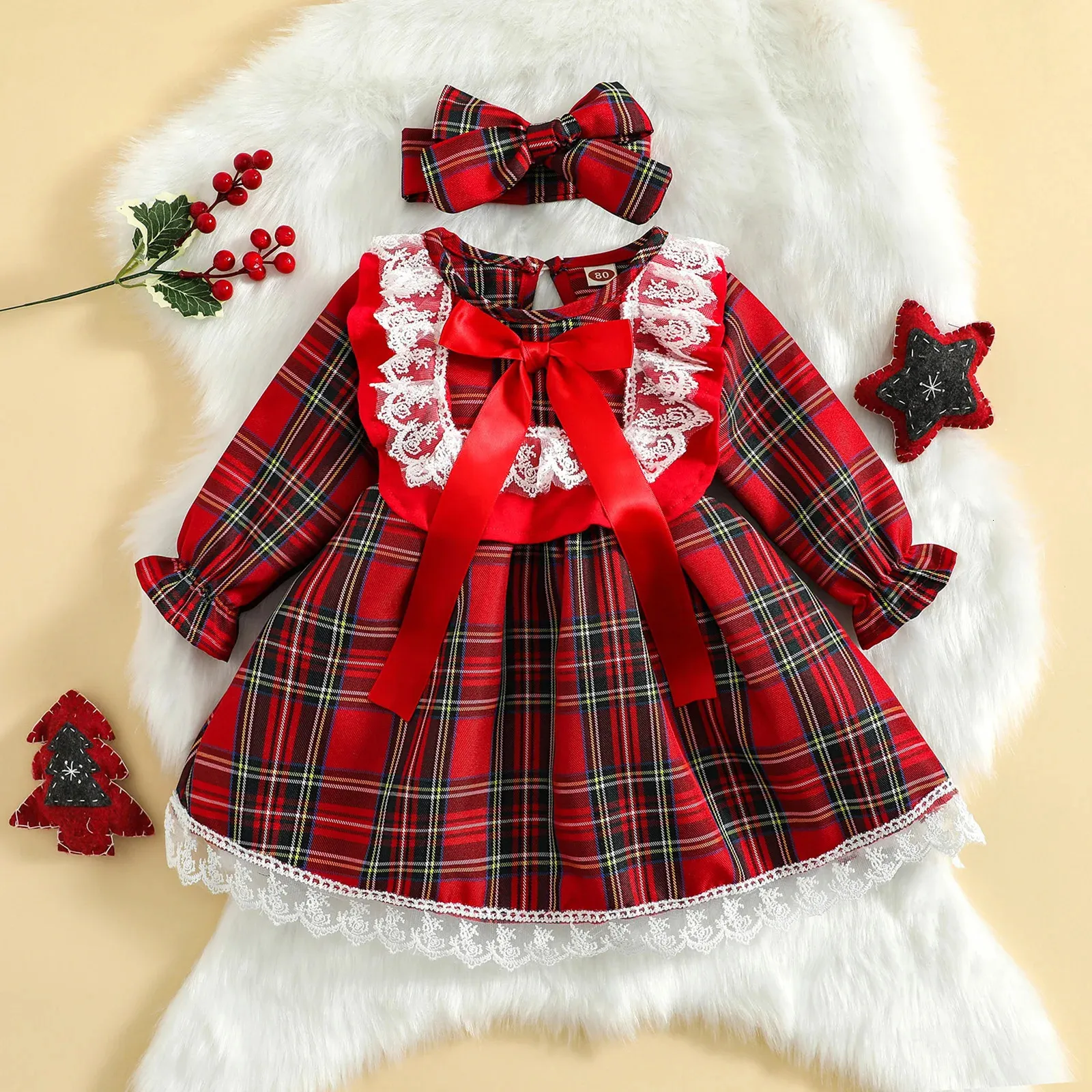 女の子のドレスma baby 6m4y幼児キッドクリスマスドレス格子縞のレース長袖チュチュパーティークリスマスコスチュームD01 231124