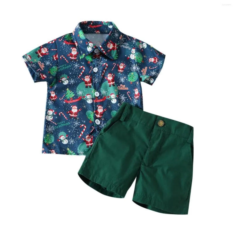 Ensembles de vêtements 1-5Y Noël Enfant Bébé Garçon Vêtements Ensemble Salon Père Noël Imprimé Col Rabattu À Manches Courtes Chemises Tops Shorts Tenues