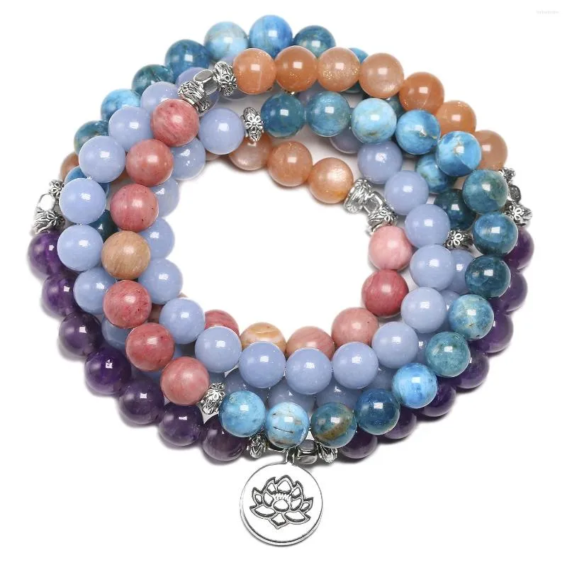 Strand Natural Stone 108 Mala armband voor mannen Angelite Apatiet Sunstone 8mm kralen armbanden vrouwen yoga meditatie lotus charme sieraden