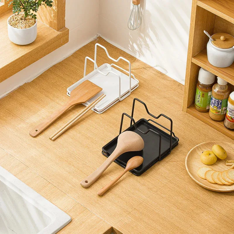 Dish Racks Shovel Spoon Rest and Pan Pot Lid Holder Cutting Board Stand Drainer Metal Kitchen Counter Utensil Storage Organizer Rack Black 231124