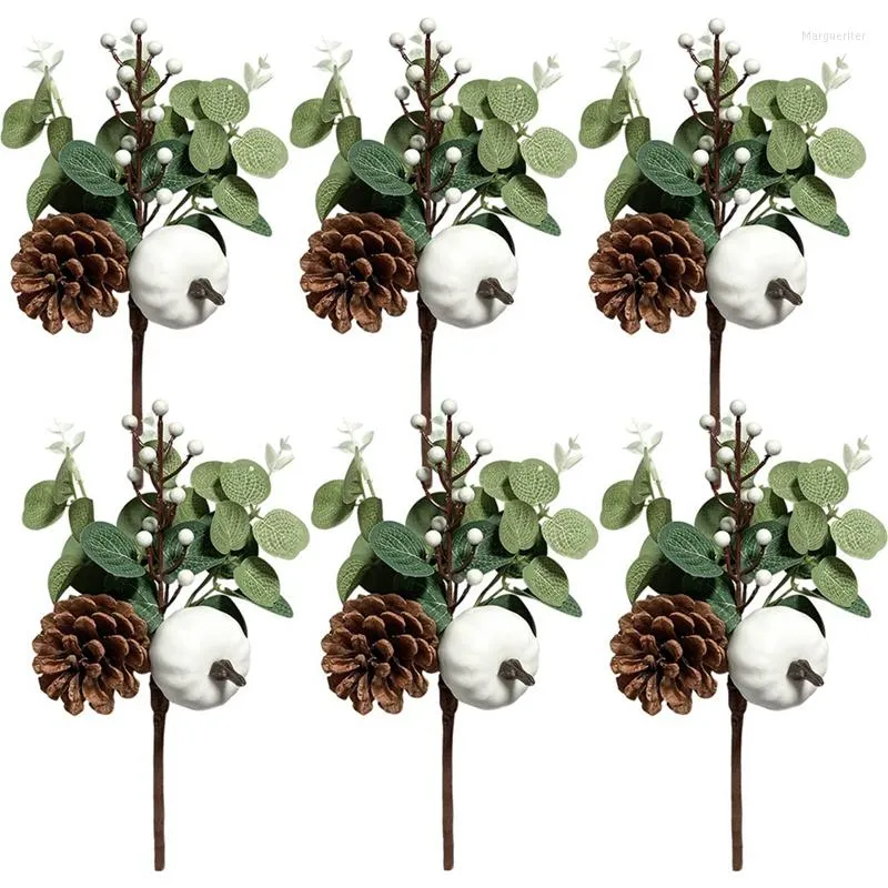 Decoratieve bloemen 6 -delige groene stengels kunstmatige eucalyptusbladeren met witte pompoenpinecones voor trouwtafel decor