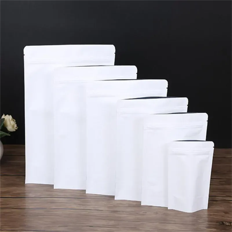 Quality Stand Up White Kraft Paper Bag Aluminum Foil Packaging Pouch Food Tea Snack Smell Proof Resealable Bags