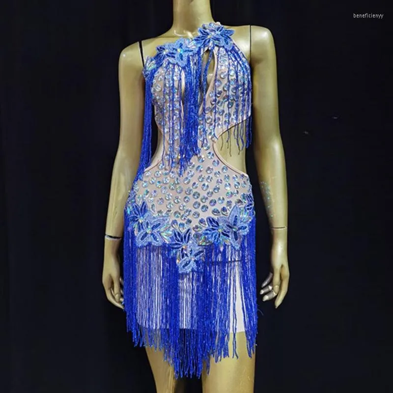 Casual jurken Blue Tassels Strijntestonen Backless Dress Dames Danser Prom Performance Outfit Birthday Celebrate Mouwess kostuum