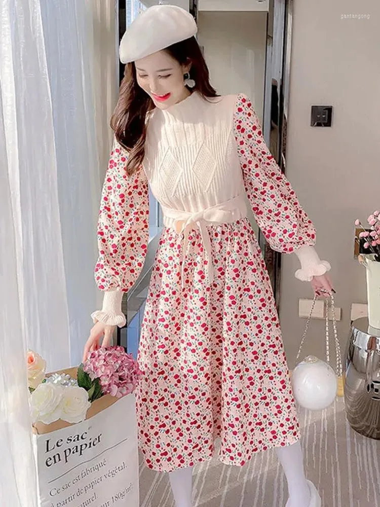 Casual Dresses Corduroy Knitting Vestidos Long Sleeves Floral A-Line Vintage Women Autumn Winter Bow Sweet Robe Femme 2023