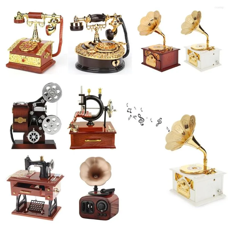 Decoratieve beeldjes Antieke houten hand crank Music Box retro metal phonograph creatieve geschenken Home Classic ornament Kids speelgoed