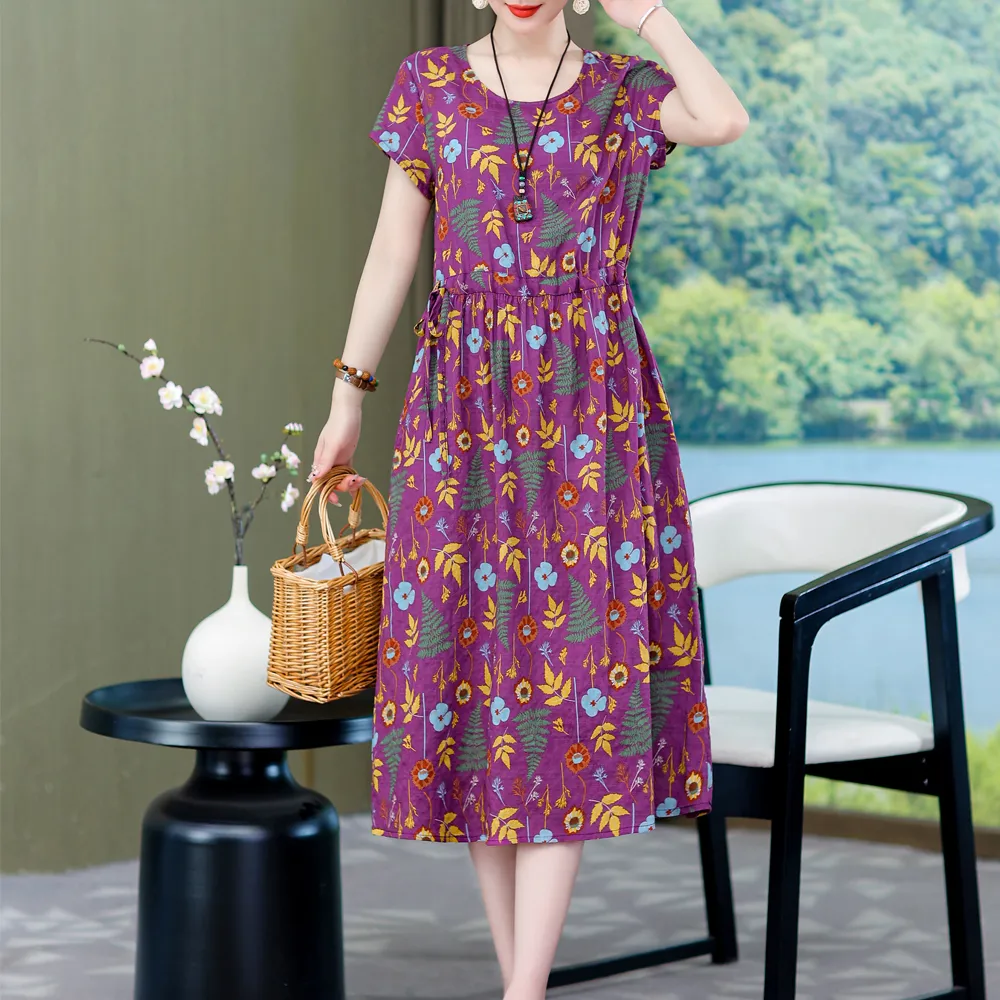 Vintage Floral Print Casual Cotton Summer Dresses for Women - Plus Size Summer O-Neck Short Sleeve Cotton and Linen Vestido ElegantColor: Yellow, Vintage Floral Print Casual Cotton Summer Dresses for Women - Plus Size Summer O-Neck Short Sleeve Cotton and Linen Vestido ElegantColor: Yellow,