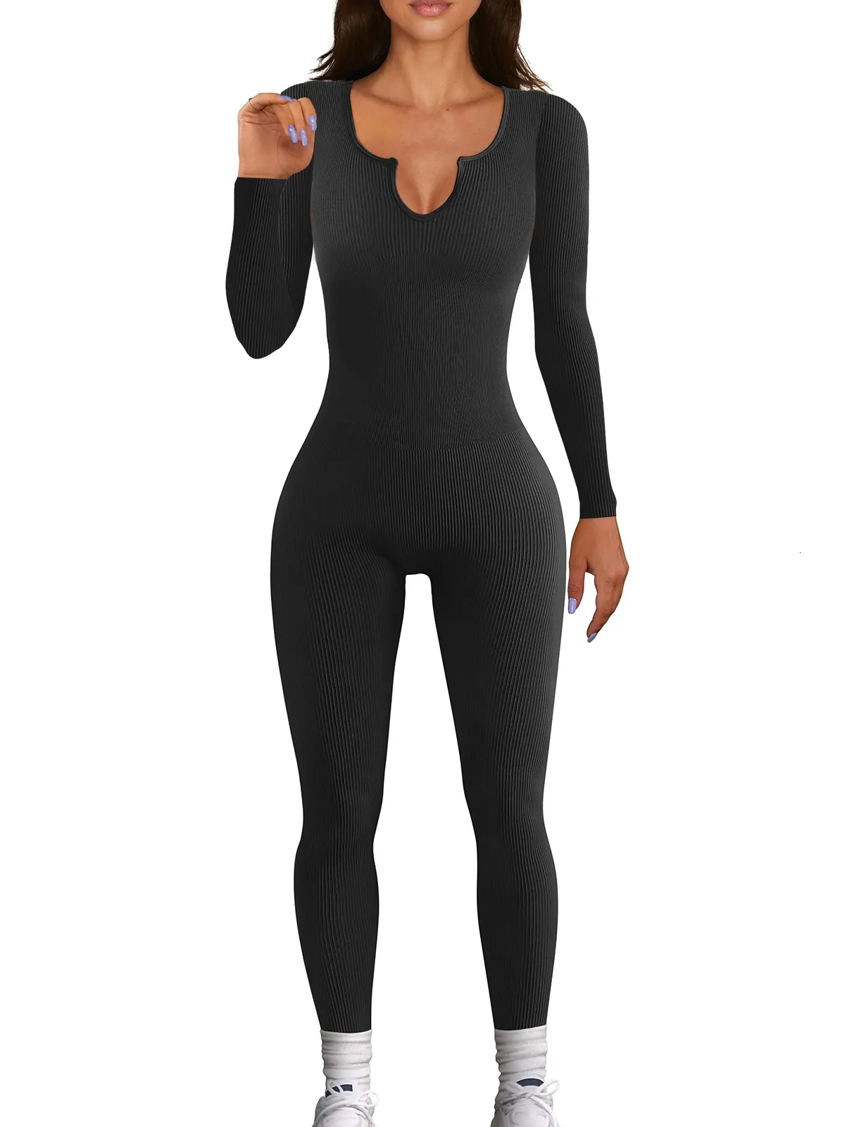 Macacões femininos macacões Ribe Yoga Bodysuit apertado FIT Sports Long Sports Exercício preto 230425