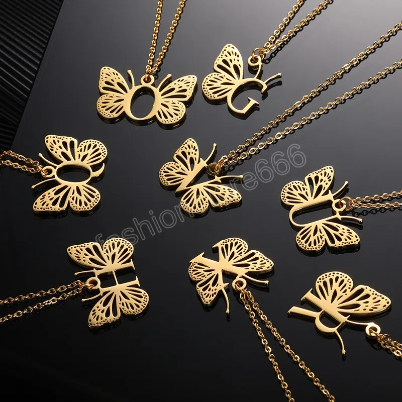 Mode papillon lettres colliers pour femmes filles en acier inoxydable Alphabet pendentif collier ras du cou fête bijoux cadeaux