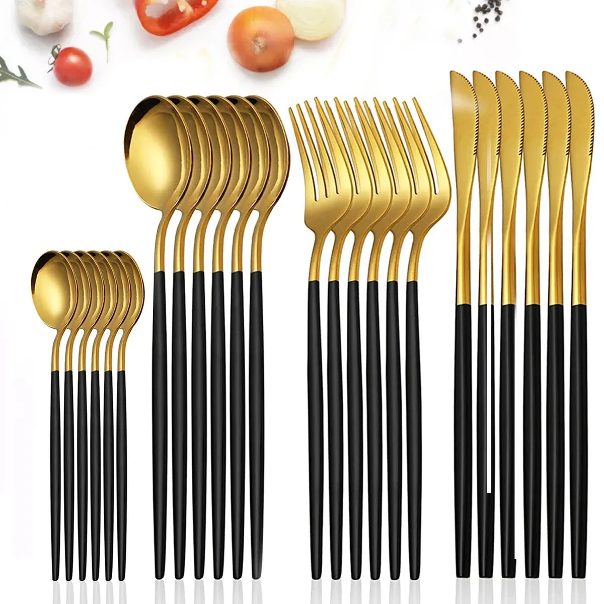 Zestawy naczyń obiadowych Zestaw ze stali nierdzewnej 24PC Black Gold Cutlery Spoon Fork Nóż Western Cutleri Silverware Flastware Strale Stale Sublies 231124