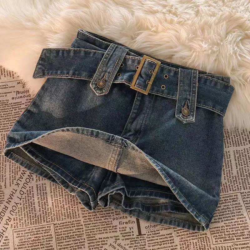Vintage Korean Button Belted Denim Skirt For Women Y2K Mini