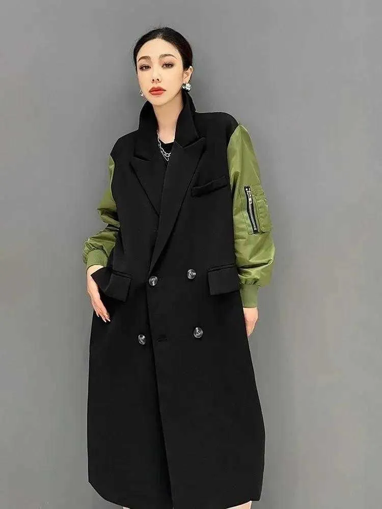 Trench da donna Ms Cappotto lungo Polvere di fondo Autunno Colore abbinato Tweed Spettacolo Sottile Grandi cantieri Facile per il tempo libero Doppiopetto