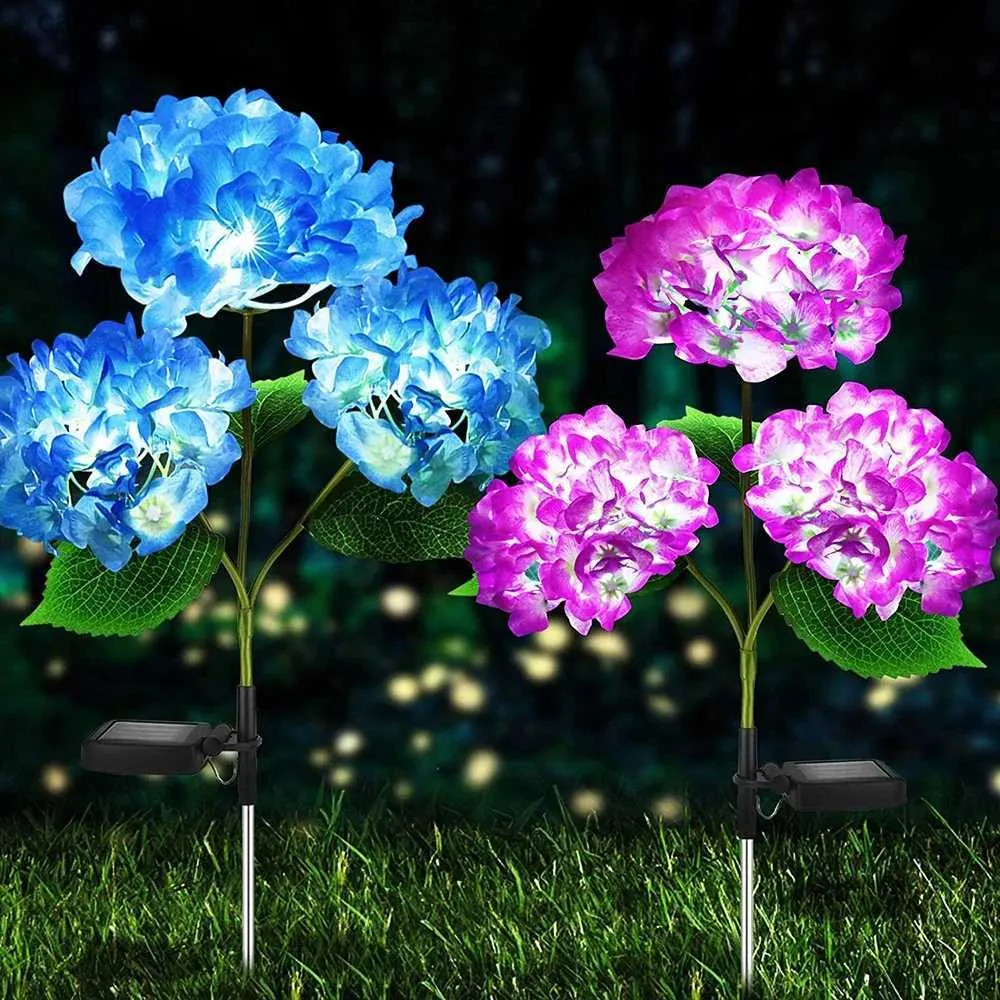 Lampes à gazon Hortensia Rose fleur lumière LED solaire lampes de pelouse de jardin extérieur pour jardin et potager Patio maison de campagne décoration Q231125