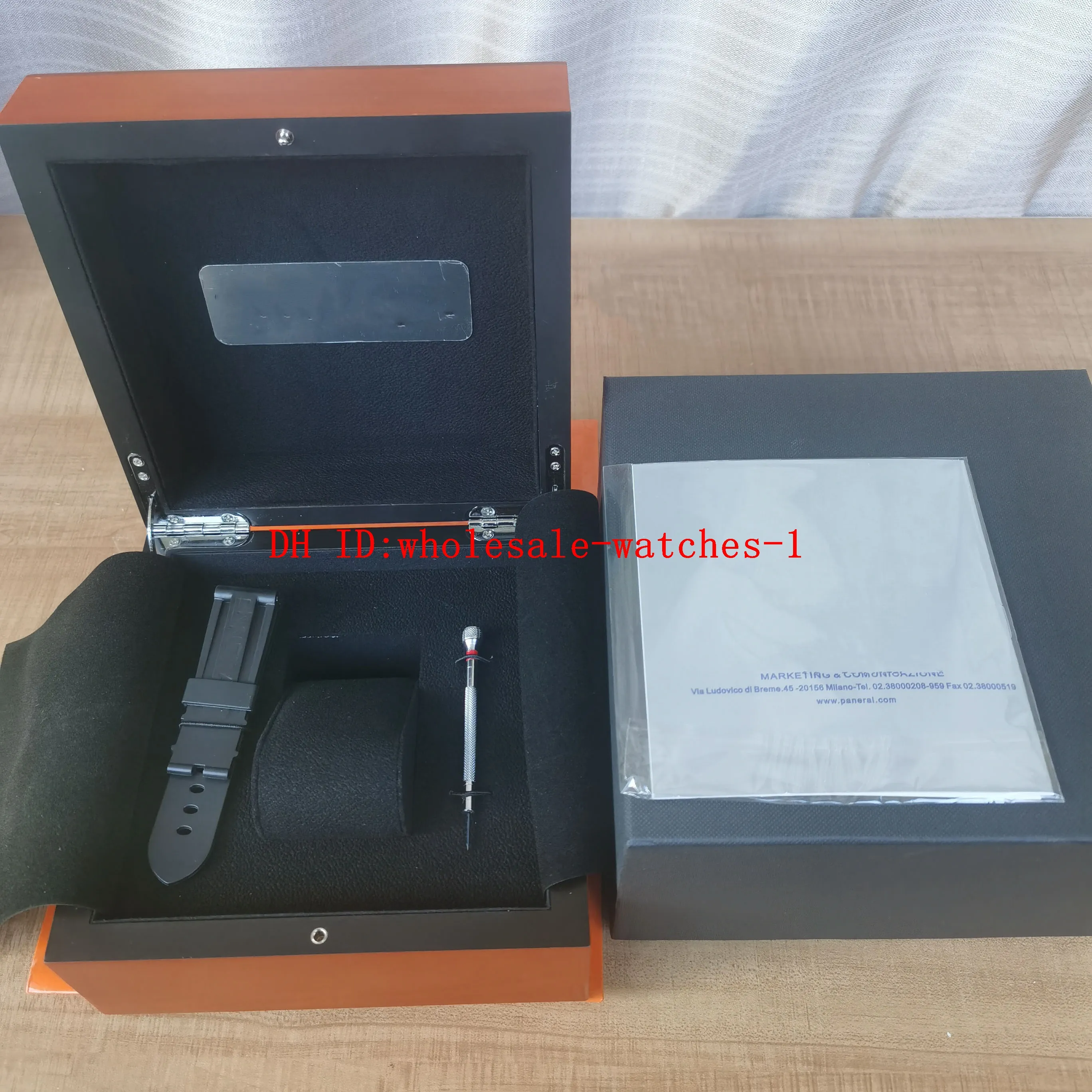 Whoalesale Beste Uhrenboxen PAM 1950 Uhren Original Box Papiere Karte Gummibänder Schraubendreher Holz Orange Handtasche für PAM111 Pam01312 Armbanduhren