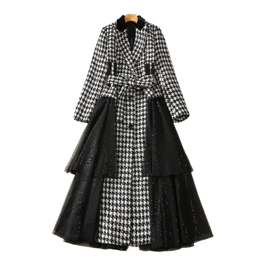 Autumn Black Houndstooth Panelled Sequins Tweed Dress Long Sleeve Notched-Lapel Belted Long Maxi Casual Dresses S3O141011