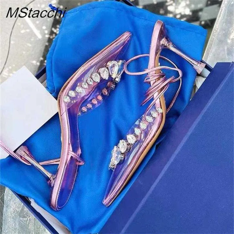 Nxy Sandals Rhinestone PVC Women Women Shoes Pointy Toe Cross Cross High Heel Woman Sexy Diamond Party Runway New 230406