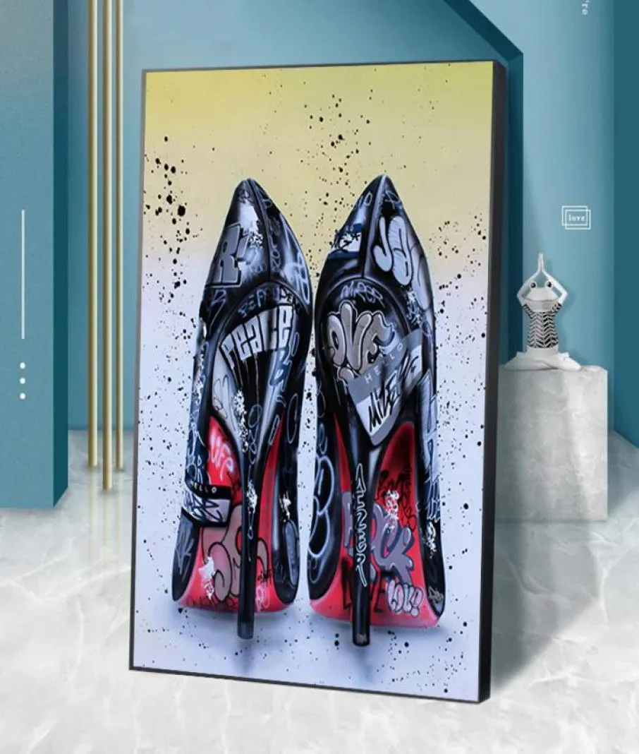 High Heel Canvas Graffiti Pumps Shoes Prints Modern Wall Art For Living