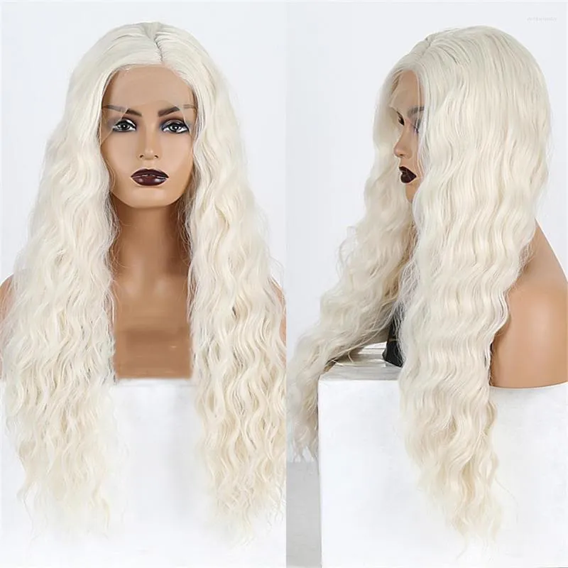 Longue vague de corps en dentelle frontale synthétique blonde platine avec partie latérale douce tenue quotidienne suisse