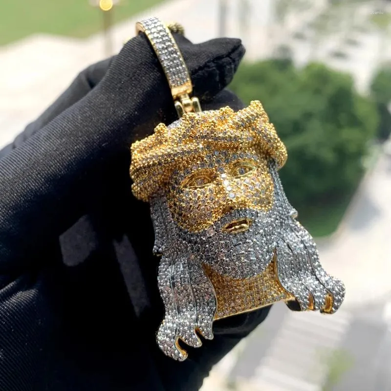 سلاسل Big Jesus Christ Head Necklace قلادة مع سلسلة حبل للرجال المثلجة من Bling cubic zirconia المجوهرات الهيب هوب المسيحية