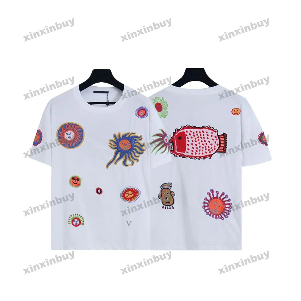 Xinxinbuy Мужчины дизайнерская футболка футболка 23ss Face Fish Sun Pattern Вышивка животных с короткими рукавами.