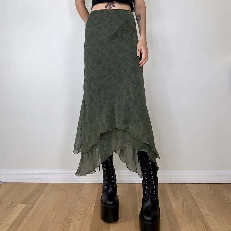 Rok y2k vintage bloemenprint midi boho hoge taille gegolfde mesh dubbele laag lange grunge fairycore 90s streetwear 230424