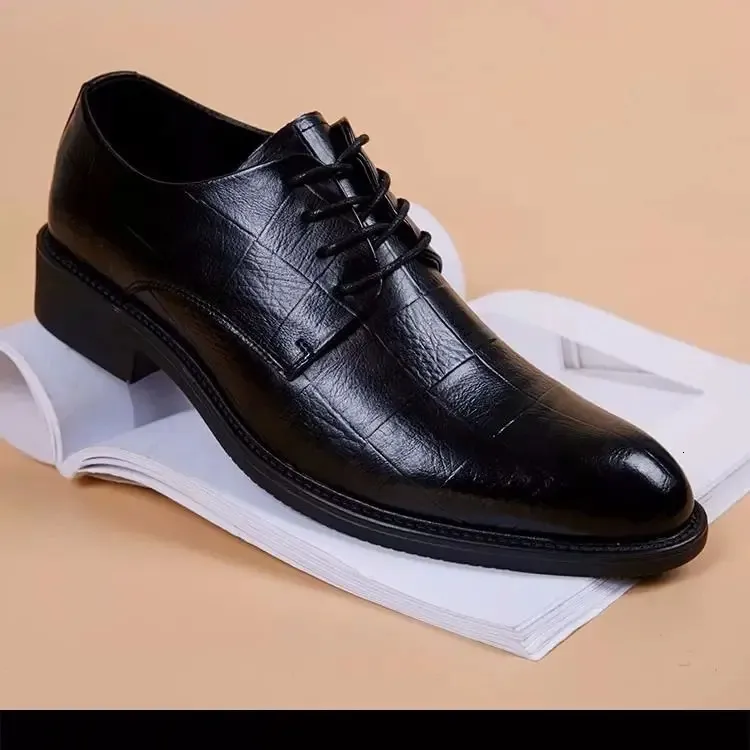 Mens Dress Shoes Black Lace-Up Wedge Heel PU Leather Formal  display picture 1