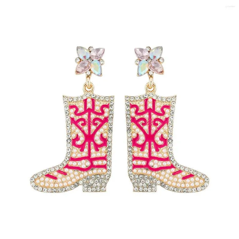 Boucles d'Oreilles Pendantes Pave Cowboy Boot Drop Pour Femme - Bleu Ciel/Rose Western Nashville Cowgirl Avec Strass