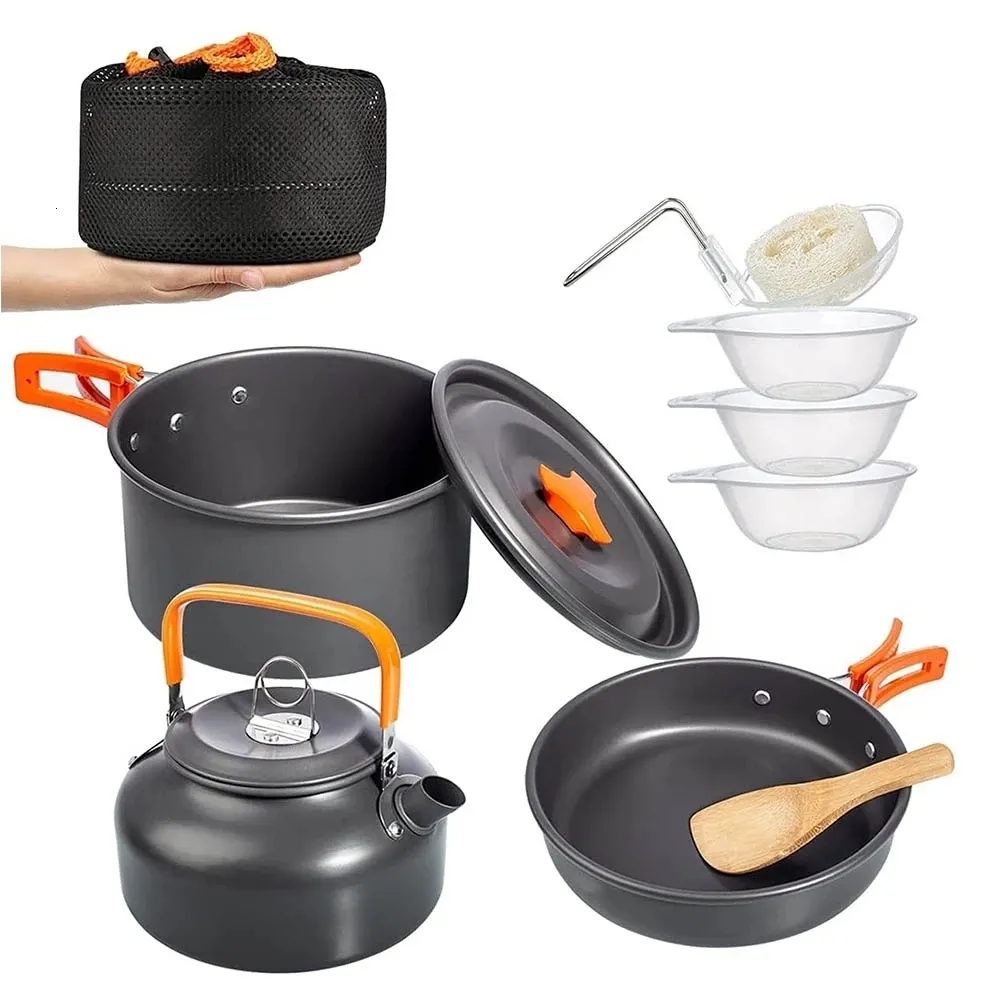 Camp Kitchen Camping Cookware Kit Outdoor Aluminium Cooking Set Water Kettle Pan Pot Traveling Traving Picnic BBQ Table Equipment 230425