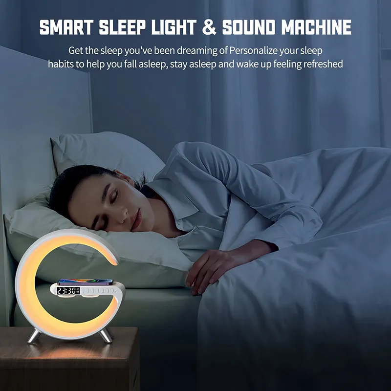 Multifunctional Wireless  Big G Alarm Clock Speaker APP Control RGB Night Light Charging Station for Iphone 11 12 13 14 Pro Max Samsung With Retail Box