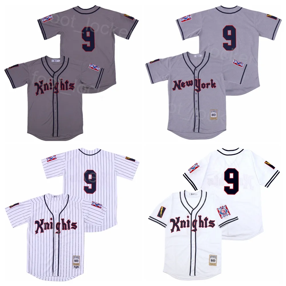 Film baseballowy NY New York Knights 9 Roy Hobbs Jersey Film 1939 Retro Pinstripe White Team Grey All Cool Baza oddychająca Pure Cotton College Cooperstown Sewn On High