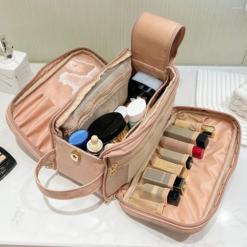 Kosmetiska väskor pu läder resväska med handtag och avdelare 3 lager makeup arrangör vattentät borsthållare för kvinnor flickor
