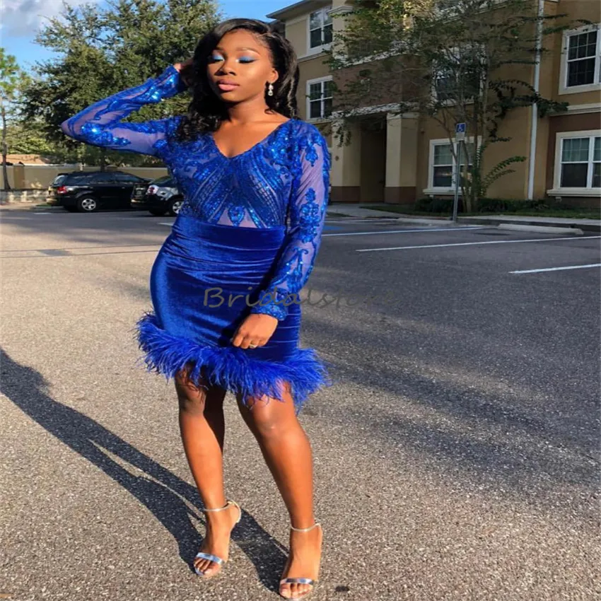 Royal Blue Sequin Short Prom Dress with Feathers for 2023 New V-Neck  Cocktail Party Dresses Velvet Night Formal Graduation Robe de Soiree Black  Girls