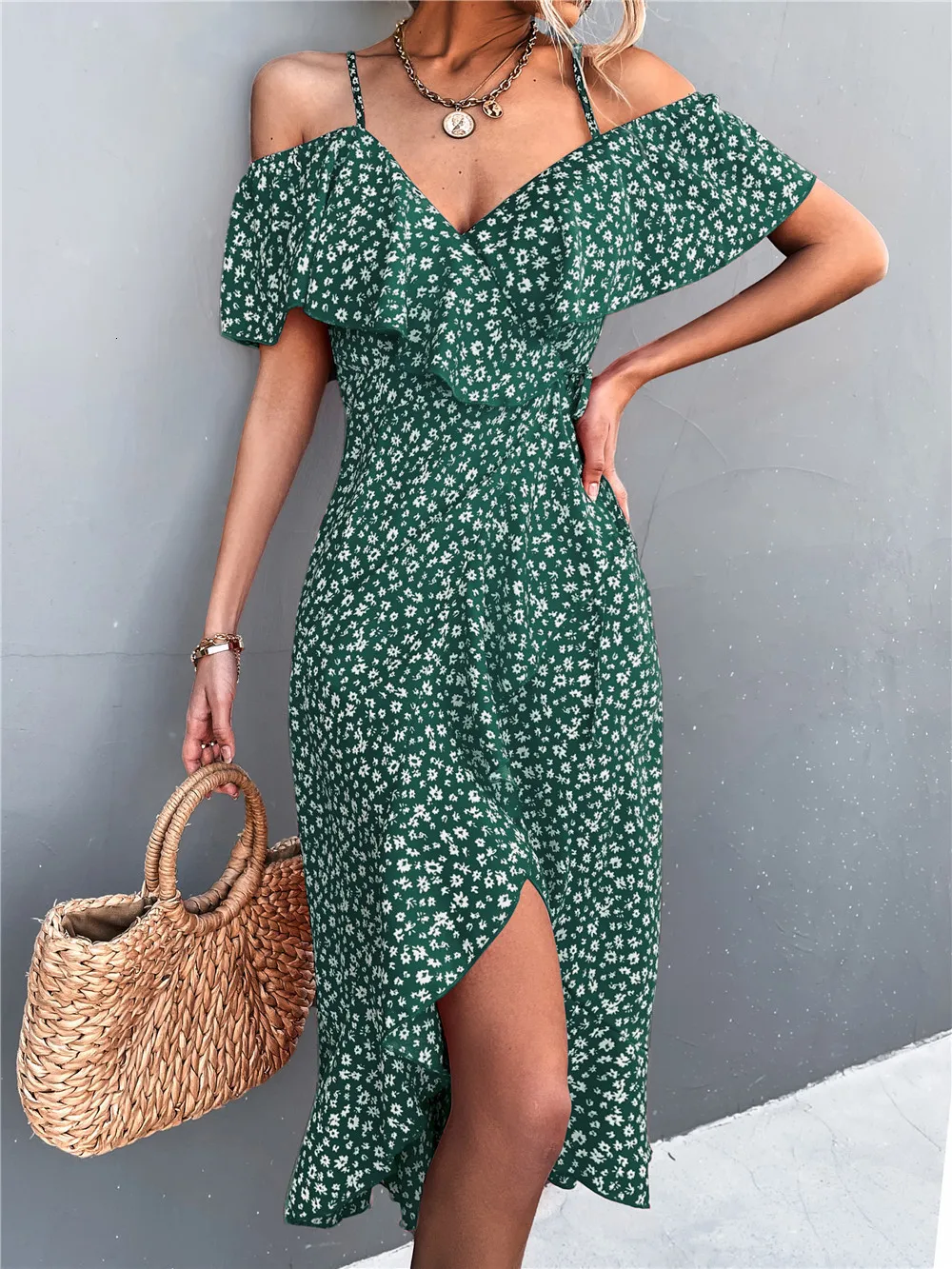 one shoulder casual summer dresses Maija Women's Chic Olive Green One Shoulder Long Dress,Casual Side Slit Summer Beach Dresses,Elegant Party Vacation Outfits,Ladies Special Occasion Wear