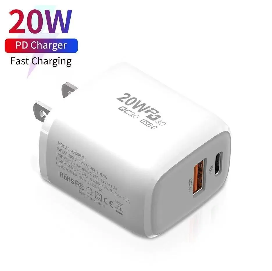 PD 20W محول الشاحن السريع QC3.0 USB C الشاحن السريع منافذ مزدوجة USB Type C شواحن محول الجدار الولايات المتحدة الأمريكية في المملكة المتحدة لآبون iPhone 14 13 12 11 Pro Max Opp Bag