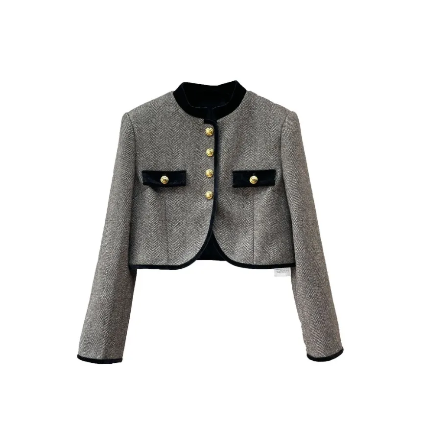 Autumn Gray Striped Panelled Tweed Jacket Long Sleeve Stand Collar Buttons Single-Breasted Jackets Coat Short Outwear Q3O141422