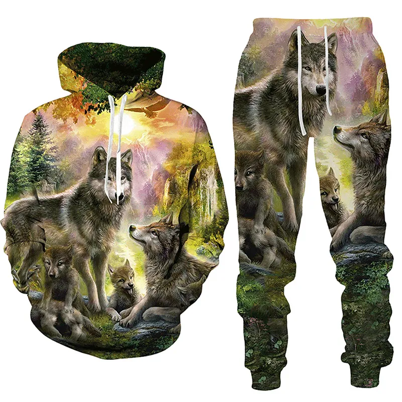 Män och kvinnor 3D -tryckt skog Wolf Style Casual Clothing Wolf Fashion Sweatshirt Hoodies and Trousers tränar kostym 012