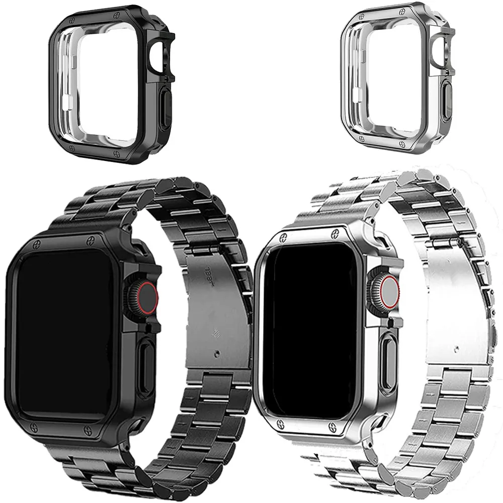تغطية حالة الحماية TPU حالات اللوحات الكهربائية مع أشرطة الصلب المعدني أشرطة ارتباط حزام سلسلة سلسلة من أجل Apple Watch 3 4 5 6 7 8 Ultra 49 45 44 42mm