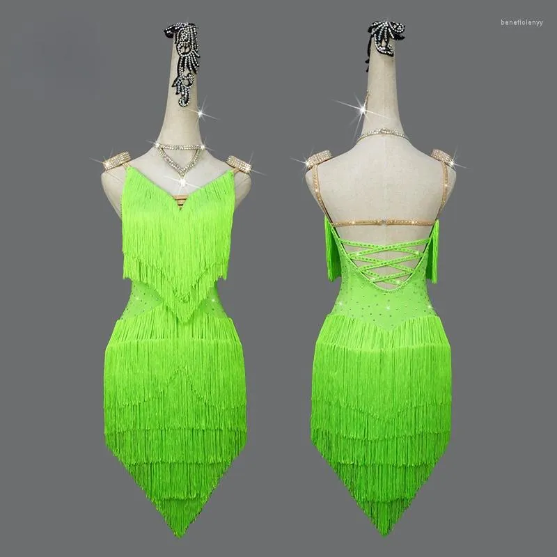 Scene Wear Custom Latin Dance Dress Green Fringe Professional Competition Performance Kirt Platform