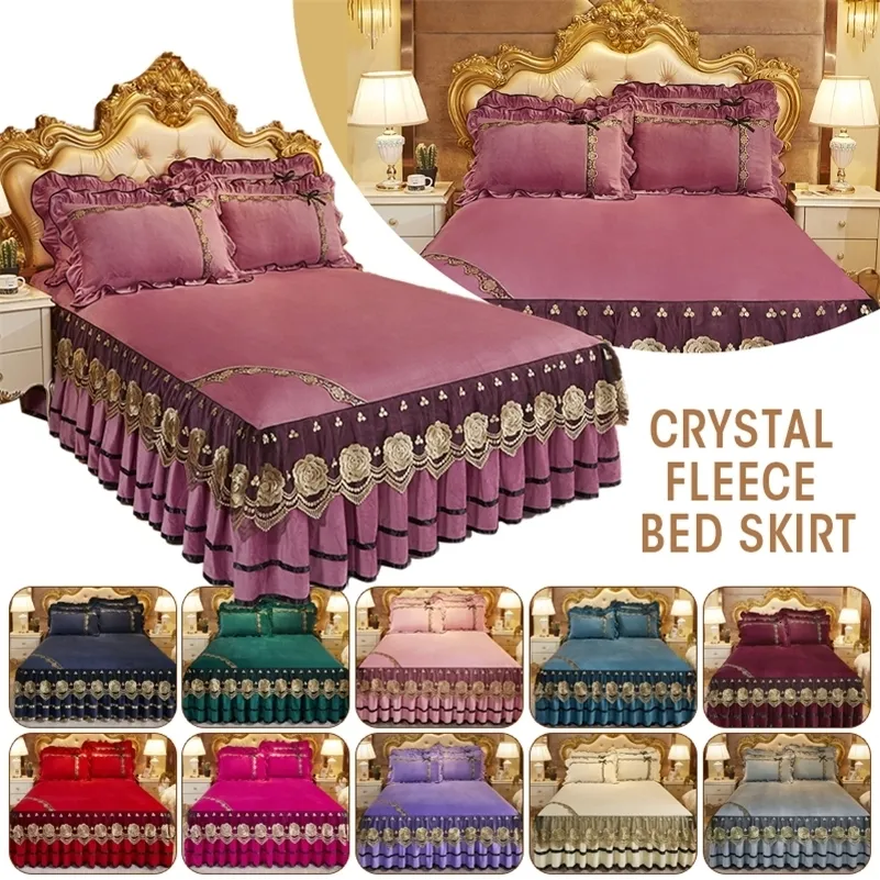 Falda de cama Lujo Súper Suave Cristal Terciopelo Vellón Encaje Volantes Cama acolchada Falda Funda de colchón Ropa de cama Textiles para el hogar Sin fundas de almohada 230424