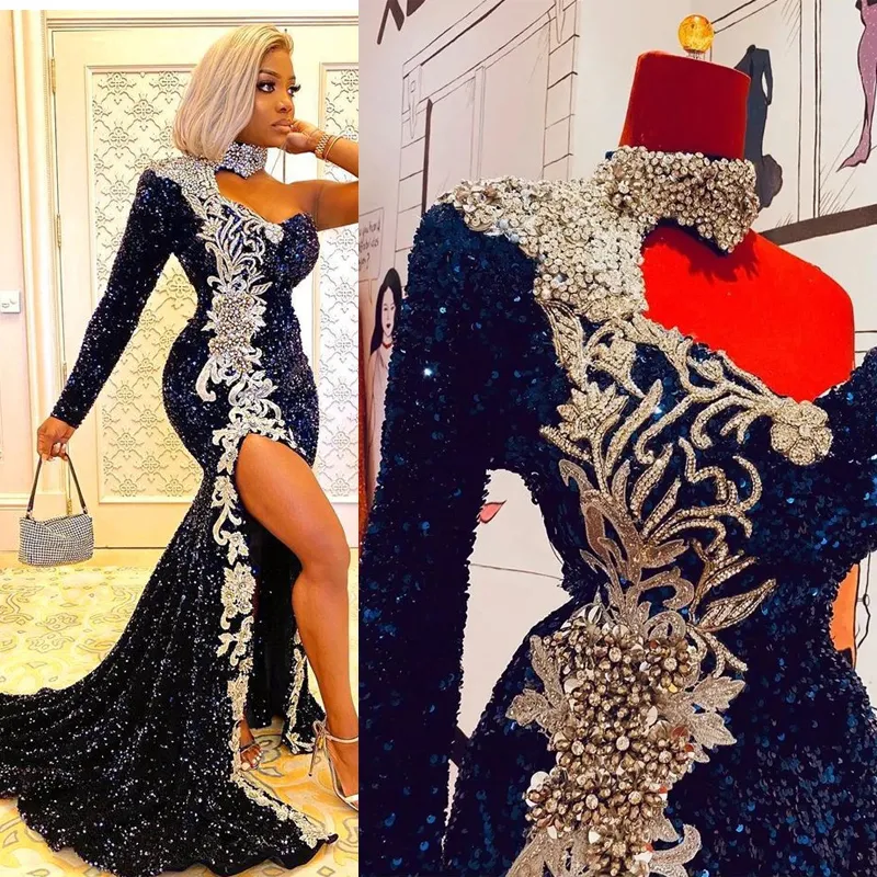 2023 Aso Ebi Prom Dresses Navy Blue Mermaid Lace High Neck One Shoulder Evening Birthday Party Bridesmaid Dress Second Reception African Nigeria Gowns Dress AM024