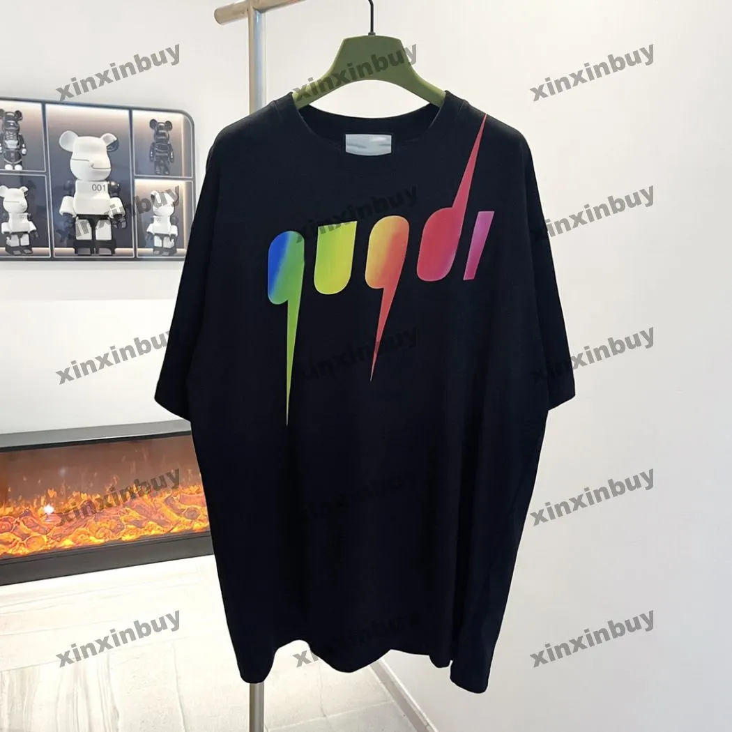 xinxinbuy Men designer Tee t shirt 23ss Lightning Rainbow Gradient Letter short sleeve cotton women Black Apricot XS-L