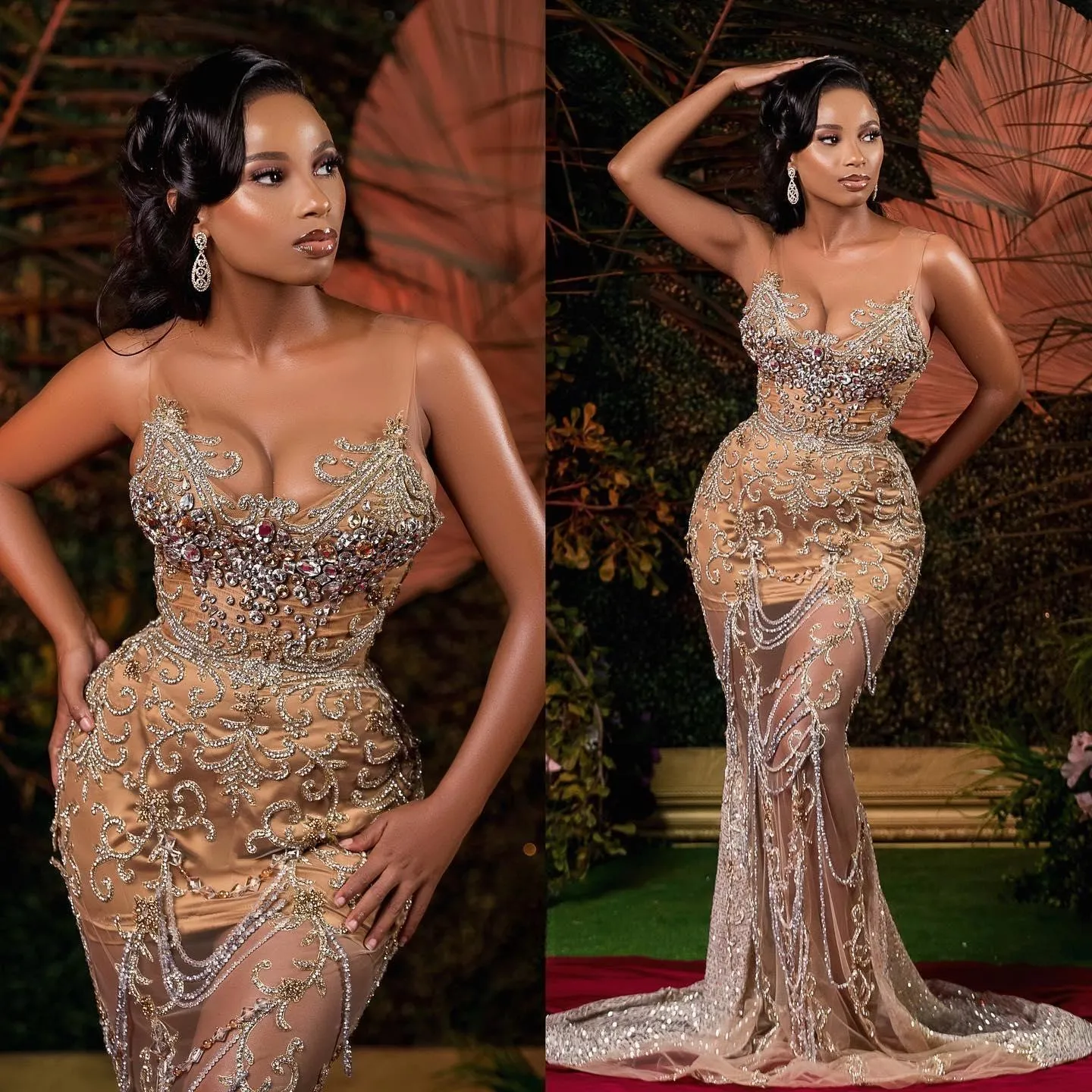 Luxuriöse Ballkleider in Übergröße, Meerjungfrau-Stickerei, Tüll, sexy Abendkleid, Geburtstagsparty, Brautjungfernkleid, zweiter Empfang, afrikanische Spitze, Nigeria-Kleider, Kleid AM027