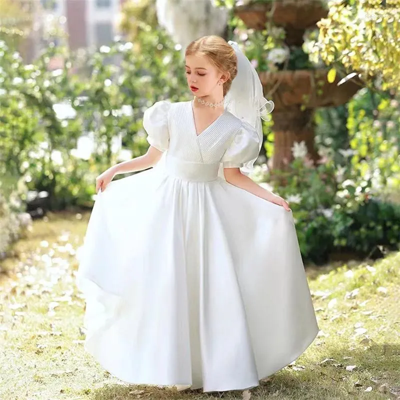 Платья для девочек, белое атласное платье с цветочным узором для свадьбы, с v-образным вырезом, рукавом-фонариком, до щиколотки, детская принцесса, первая Евхаристия, день рождения