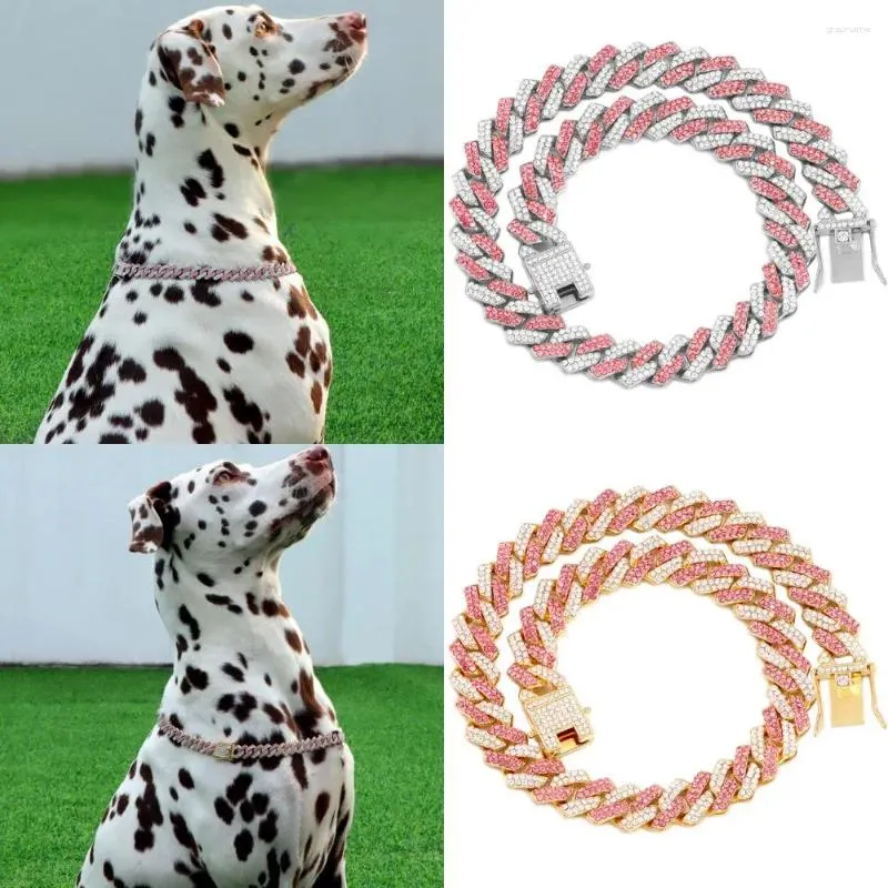 Collari per cani Catena Collare cubano con diamanti bianchi rosa Collare da passeggio in metallo con design Fibbia sicura Regalo di gioielli per animali domestici ghiacciato