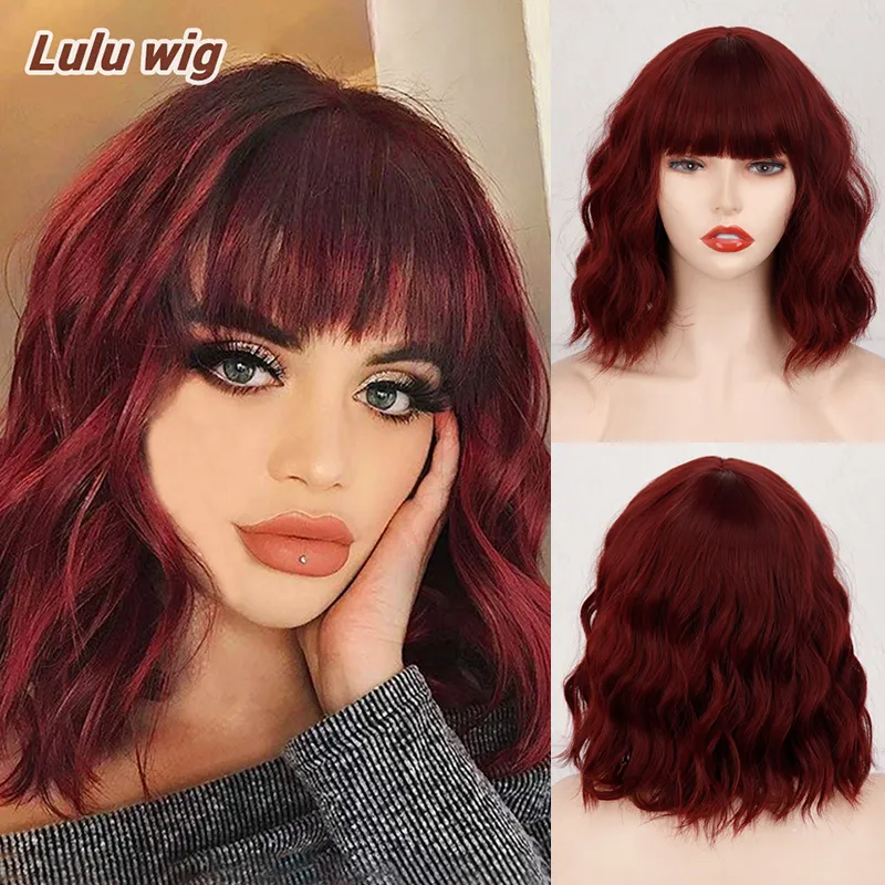 Synthetic Wigs Short Bob for Women Wavy with Bangs Wine Red Heat Resistant Fiber Cosplay hair 230425