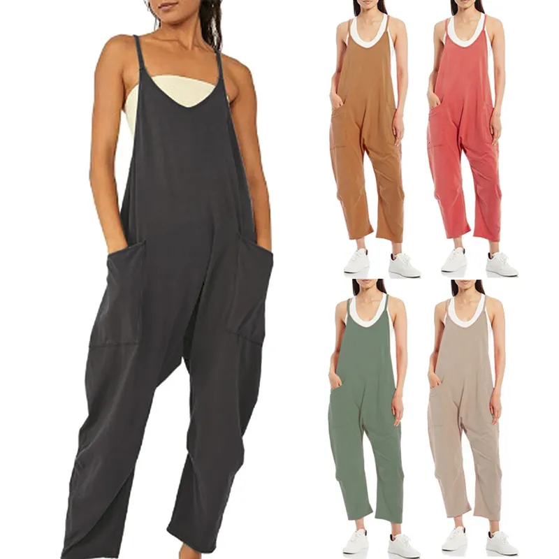 Damen Jumpsuits Strampler ärmelloser Overall Sommer Vintage Solide Große Tasche Lose Breites Bein Lässige All-in-One-Kleidung 230425